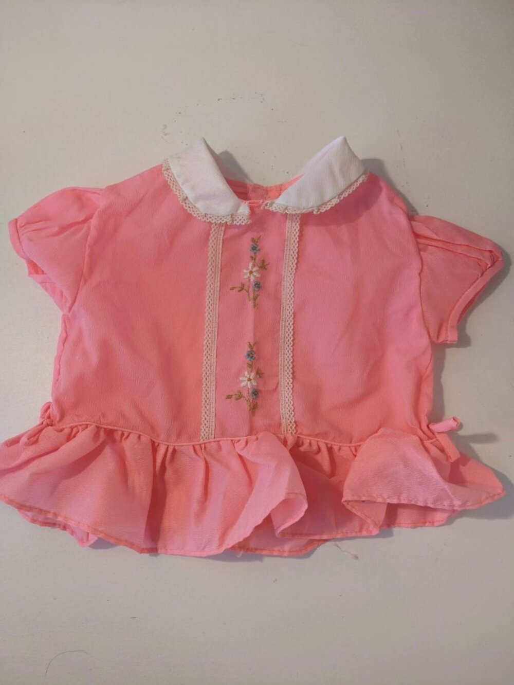 Vintage Bright Pink Baby Lace Collar Shirt Embroidered Flower